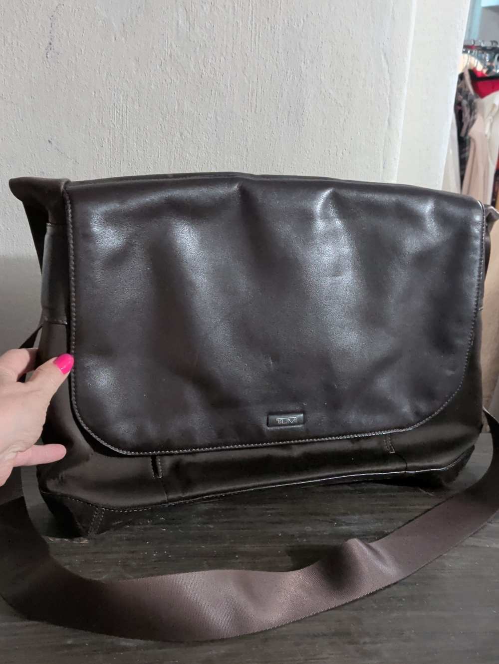 Tumi Dark Brown Leather Messenger Bag with Shoulder Strap